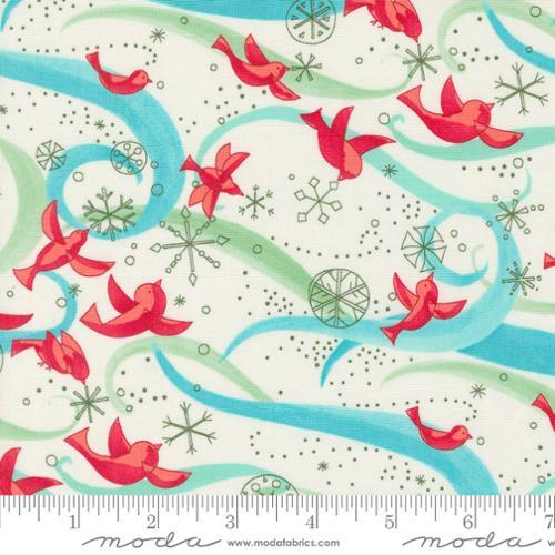 Birds w Ribbons, Red & Teal, Mint on Cream, Novelty Birds Winterly