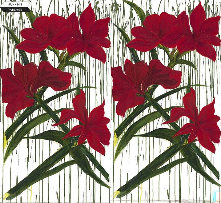 Panel: Red Flowers on White w Green Paint Streaks. 24" Wide