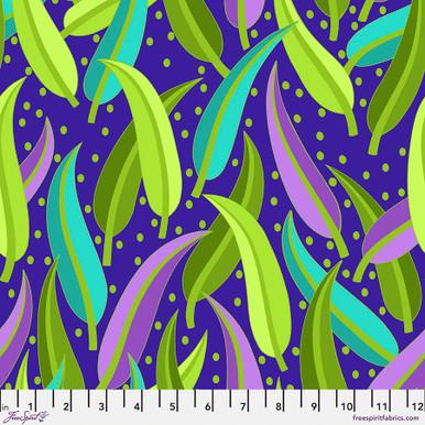 Blue w Large Leaves w Green Dots, Leaves are Green, Purple & Teal