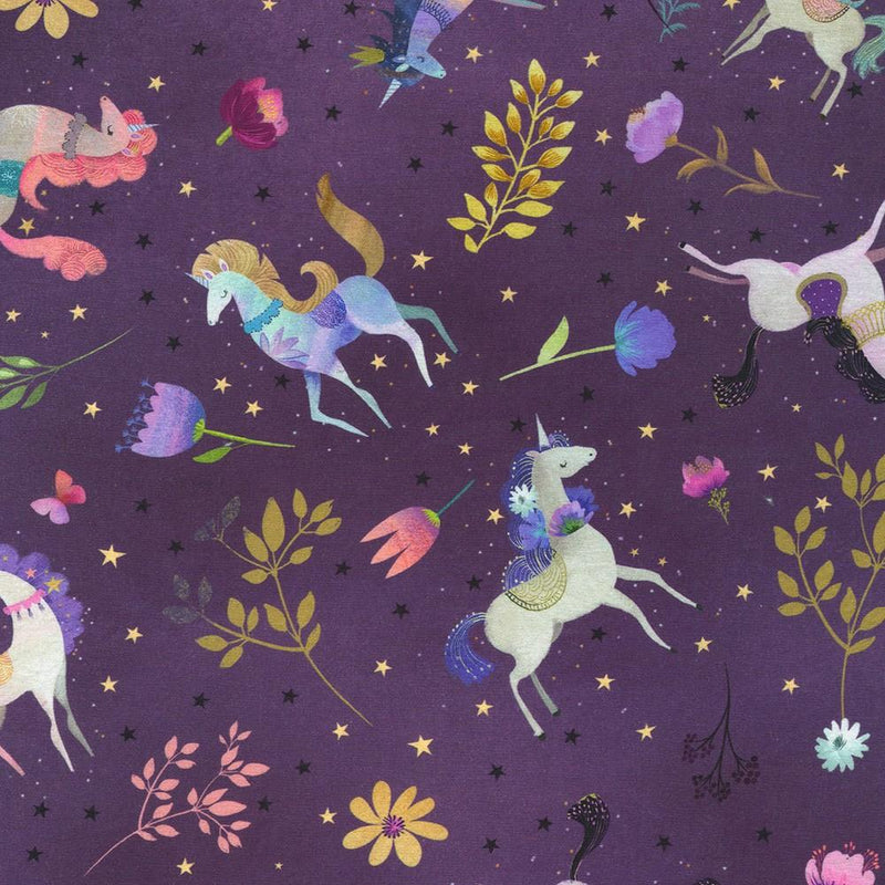 Unicorns on Purple w Gold Sprigs