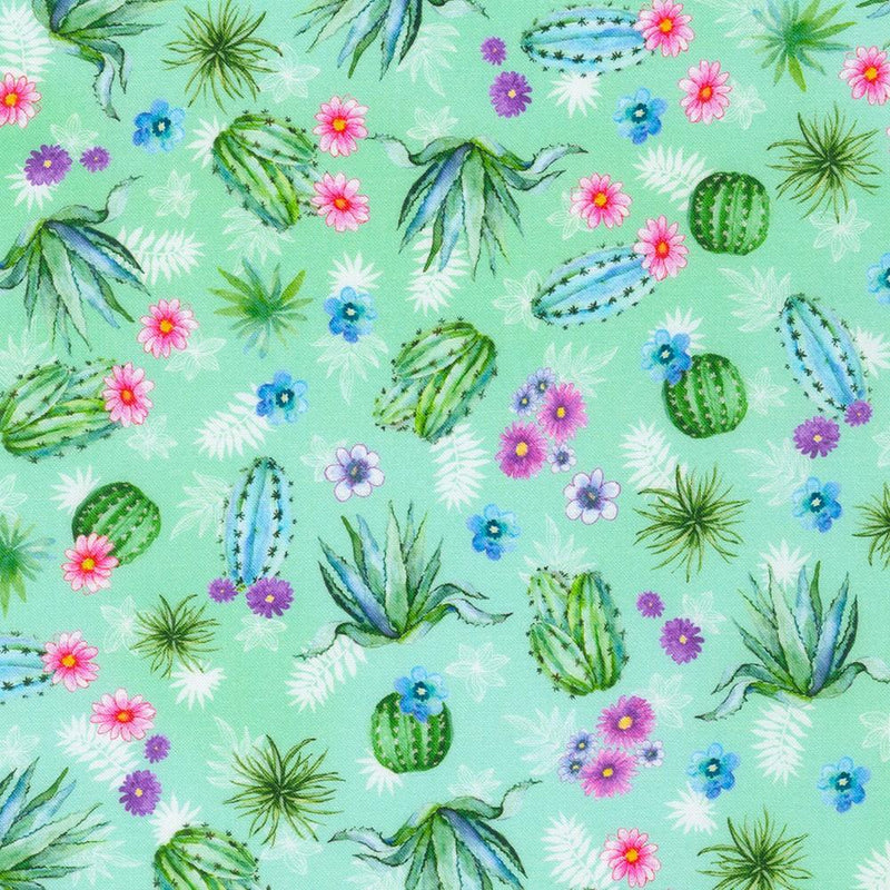 Small Cactus on Aqua w Flowers