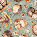 Baby Hedgehogs in the garden and woods tossed on sage background