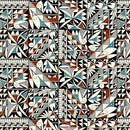 Block Print Teal & Rust w Black and White Squares approx 4"