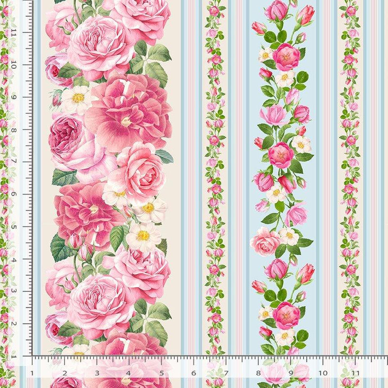 Border Print Roses & Stripes in Pinks & Blues on Cream
