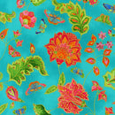 Bright Teal w Flowers & Butterflies
