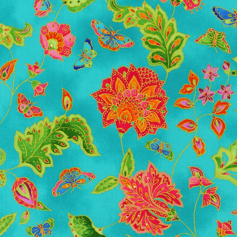 Bright Teal w Flowers & Butterflies