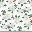 Silver Poinseittas on White w Green Leaves & Brown Pinecones