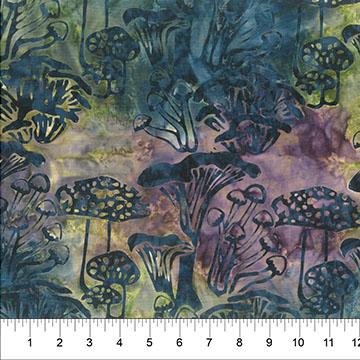 Batik Mushrooms on Multi Teal, Purple & Yellow Green