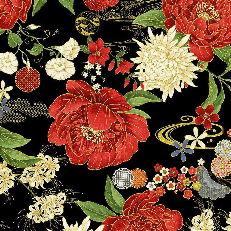 Red Cream Floral on Black