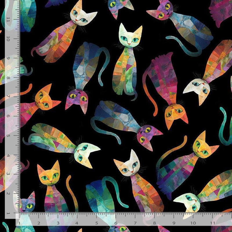 Tossed Quilt Cats on Black