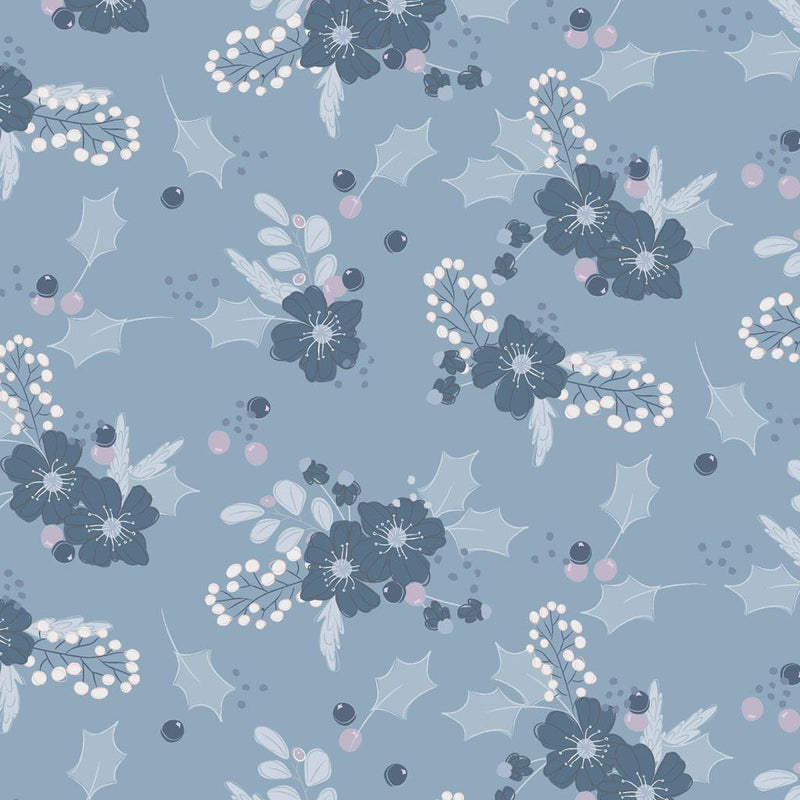 Flowers & Holly Leaves on Blue