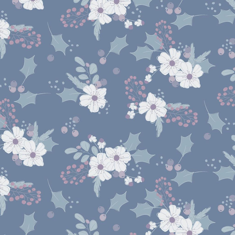 Flowers & Holly Leaves on Dark Blue