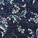 Large White Koi on Indigo Navy w Waves and Flowers