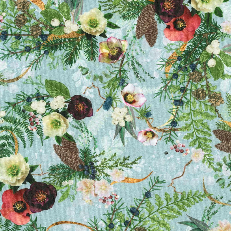 Lt Gray Blue w Flowers & Berries, Pinecones Merriment