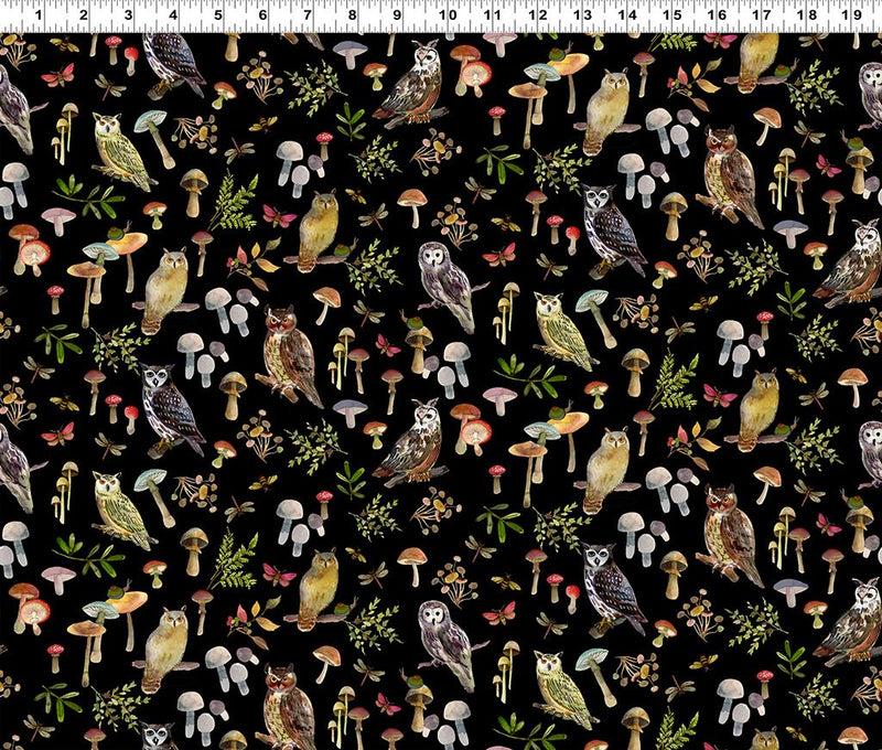 Owls & Mushrooms on Black