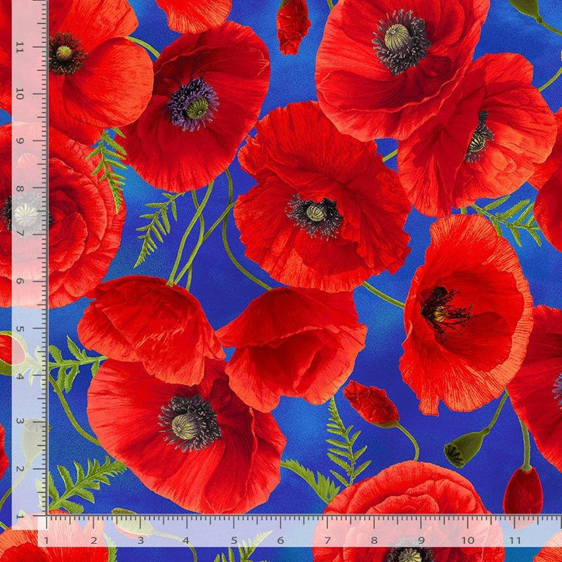 Red Poppies on Royal Blue Scattered All Over