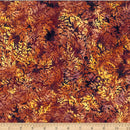 Rust batik w orange leaves, yellow orange, gold