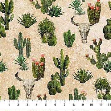 Tan w Multiple Cacti & Skulls, Sedona Spirit, Tan, Green, Pink, Yellow