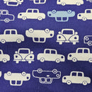 White & Blue Cars on Blue Approx 1.25 in Length, Oxford Cotton