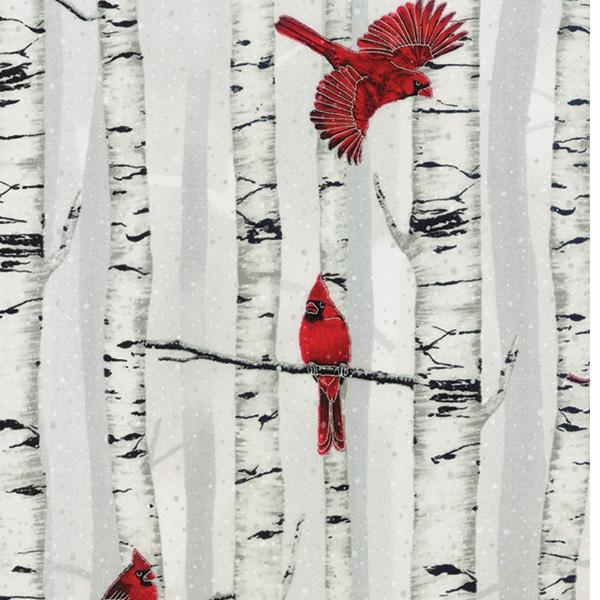 Red cardinals in birch trees with metallic silver accents.