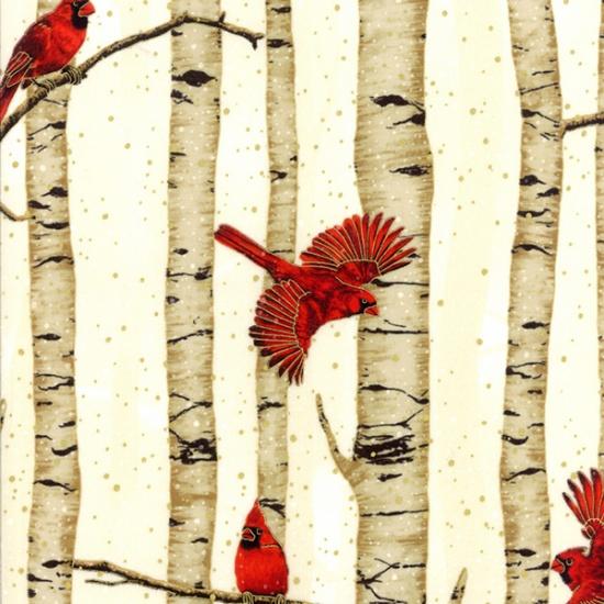 Red cardinals with birch trees and metallic gold accents.