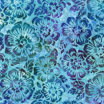 Bright medium blue w purple green and teal flowers