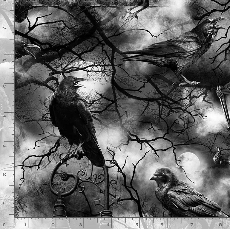 Crows on fences & branches w clouds & moon Wicked