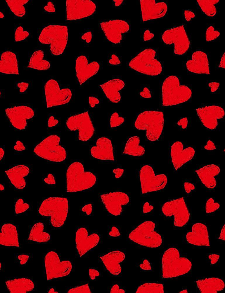 Black Background wth Red Hearts Big & Small Floating All Over
