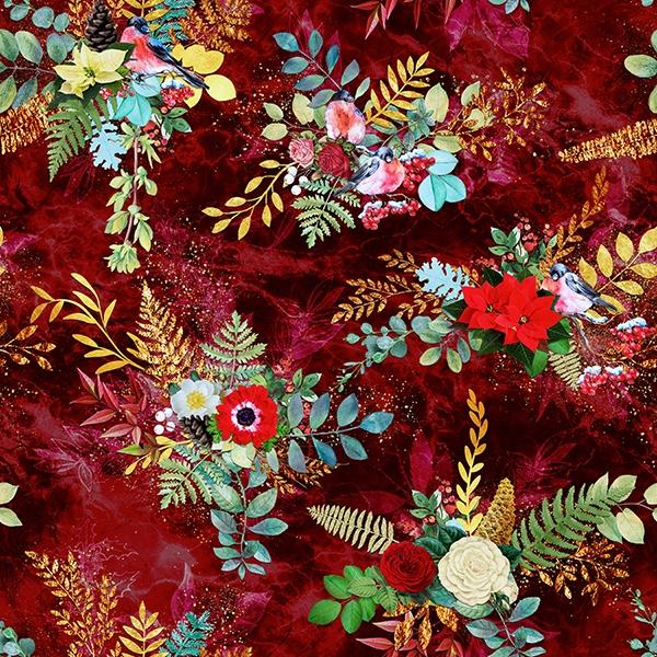Dark Red w Bright Flowers with Birds Perched on them