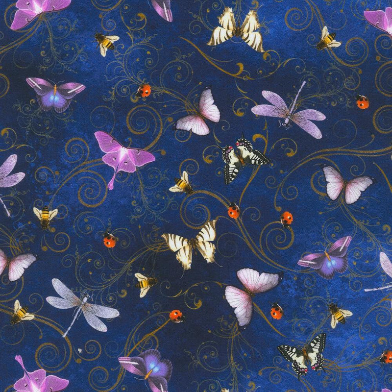 Butterflies, Bees & Lady Bugs on Blue Secret Garden