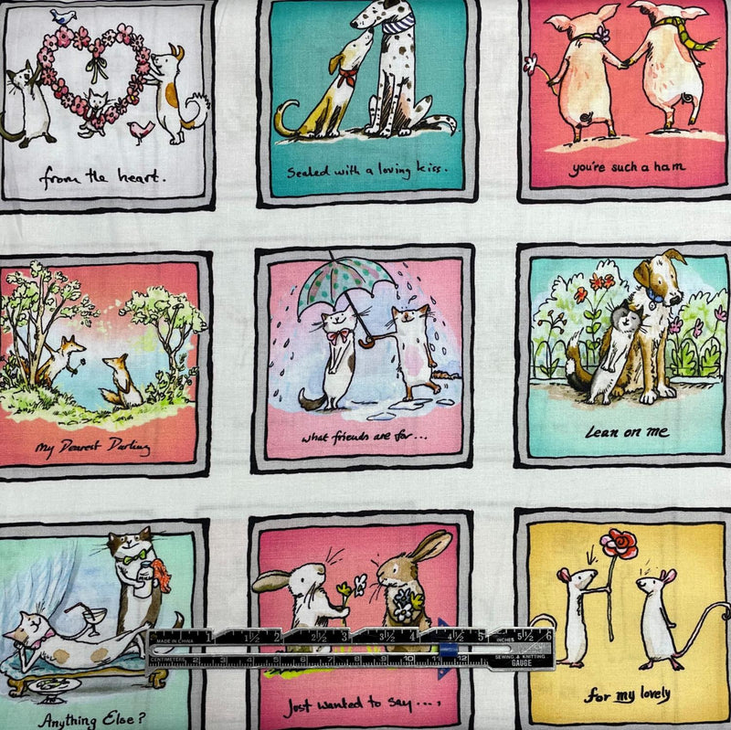 Squares w Cartoon Animal Love From the Heart, Mist Gray