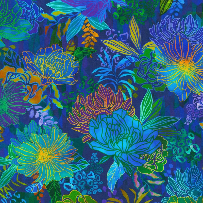 Glowing Jungle Flowers on Blue