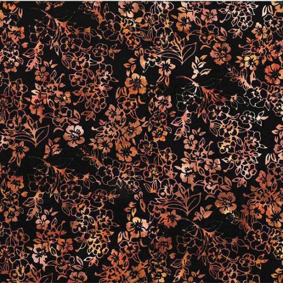Orange Flowers & Vines on Black Batik