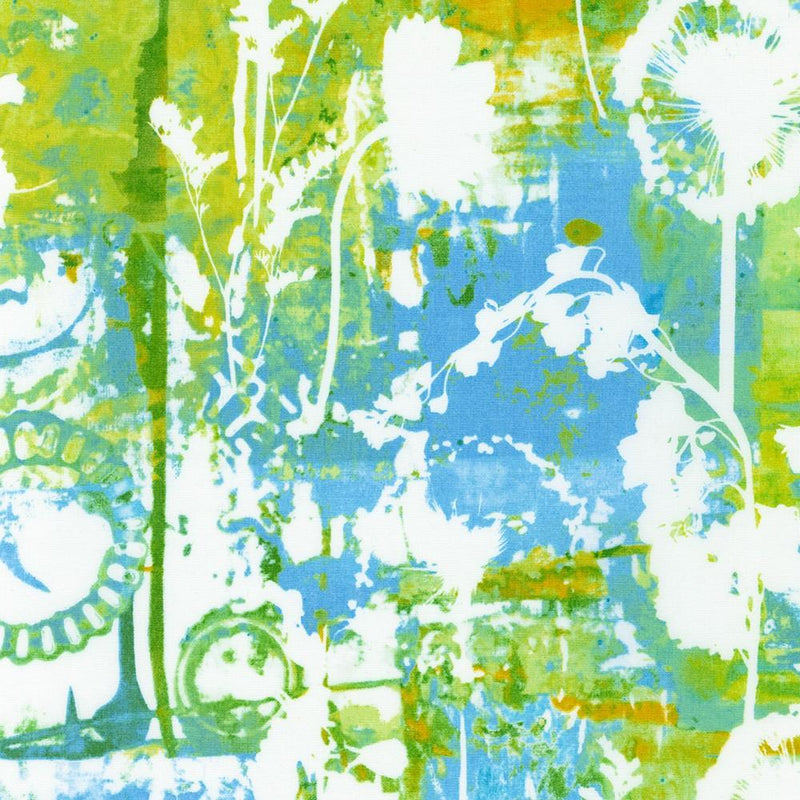 White plants on blue green gold watercolor ish