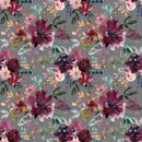 Gray w Large Painted Florals in Pinks and Red Violets, Hint of Turquoise