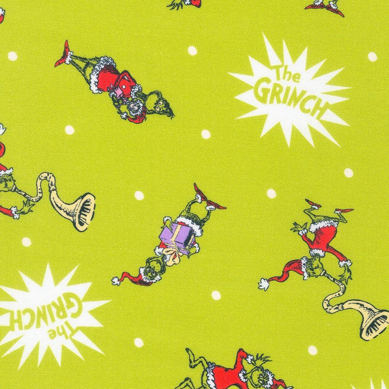 Lime Green w Grinch & White Bubble that says "The Grinch" Holiday Motifs