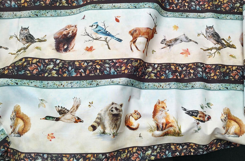 Border Print w Woodland Animals w plum leaf stripe