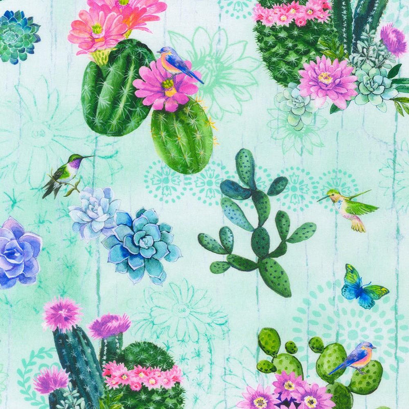 Mint Green w Colorful Cactus, Humming birds & Butterflies