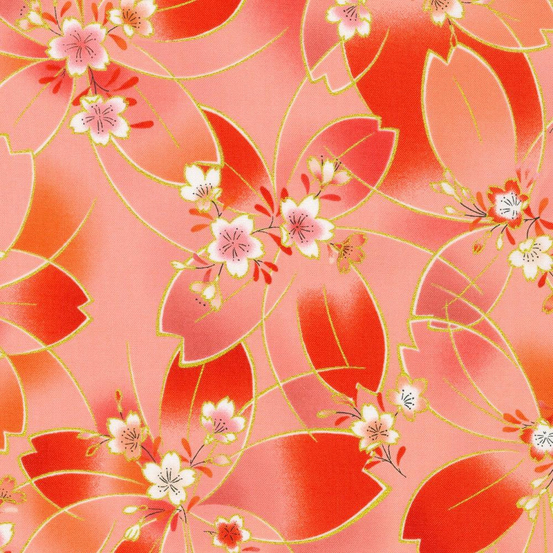Airy Red Pink Flowers w Blossms Peach & Gold Flowers, Metallic