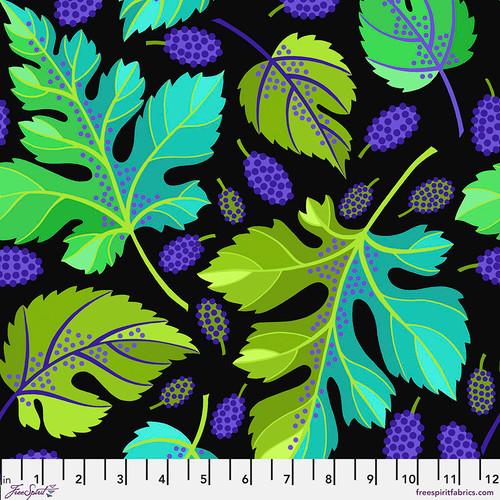 Black w Large Leaves & Mulberry Fruits, Leaves are Green, Purple & Teal