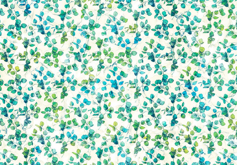 Blue, Teal, Green &  Leaves on White Background