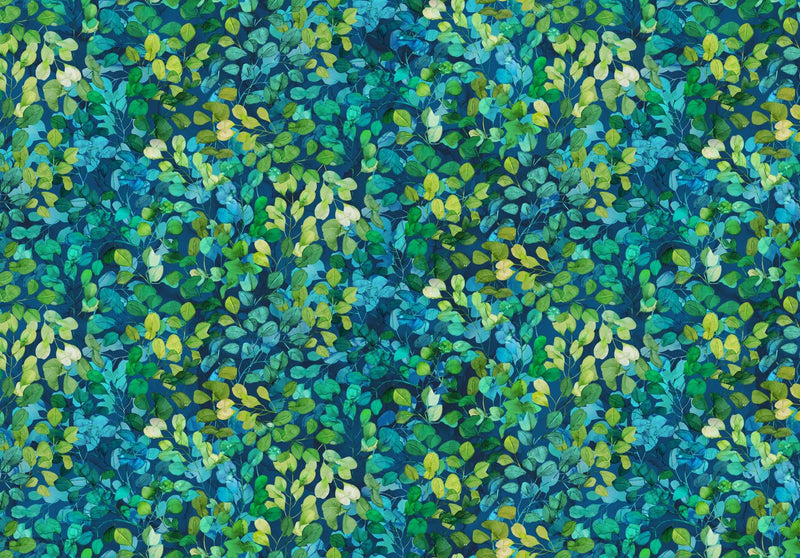 Blue, Teal, Green & Yellow Leaves on Blue Background