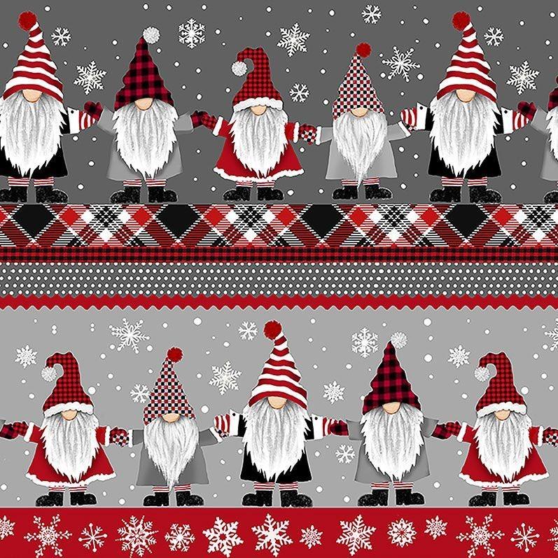 Border Print of Gnomes Red & Black, Gray and White
