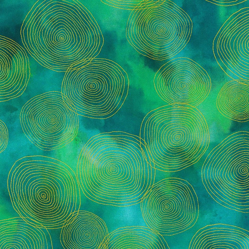 Concentric Gold Circles on Green Mottled Background