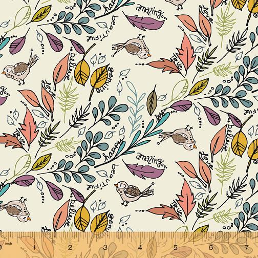 Cream w Birds & Leaves, Autumn Colors, hint of turquoise
