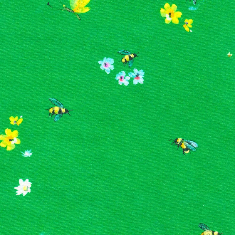 Bright Green w Bees & Flowers