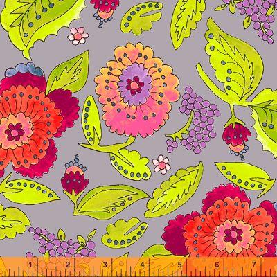 Gray w Bright Large Florals, Lime green Leaves, Red, Peach & Pink Flowers