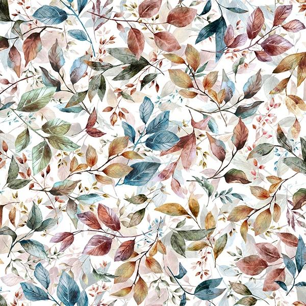 Leaves on White in Cool Pastels Blue, Mauve, Orange & Green