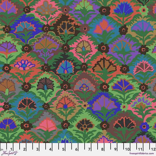 Diagonal Squares of Flowers in Jewel Tones Blues & Greens w Coral