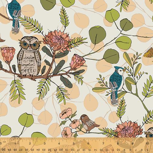 Owls on Light Cream w Jay Bird Flowers, branches, green & Peachl leaves